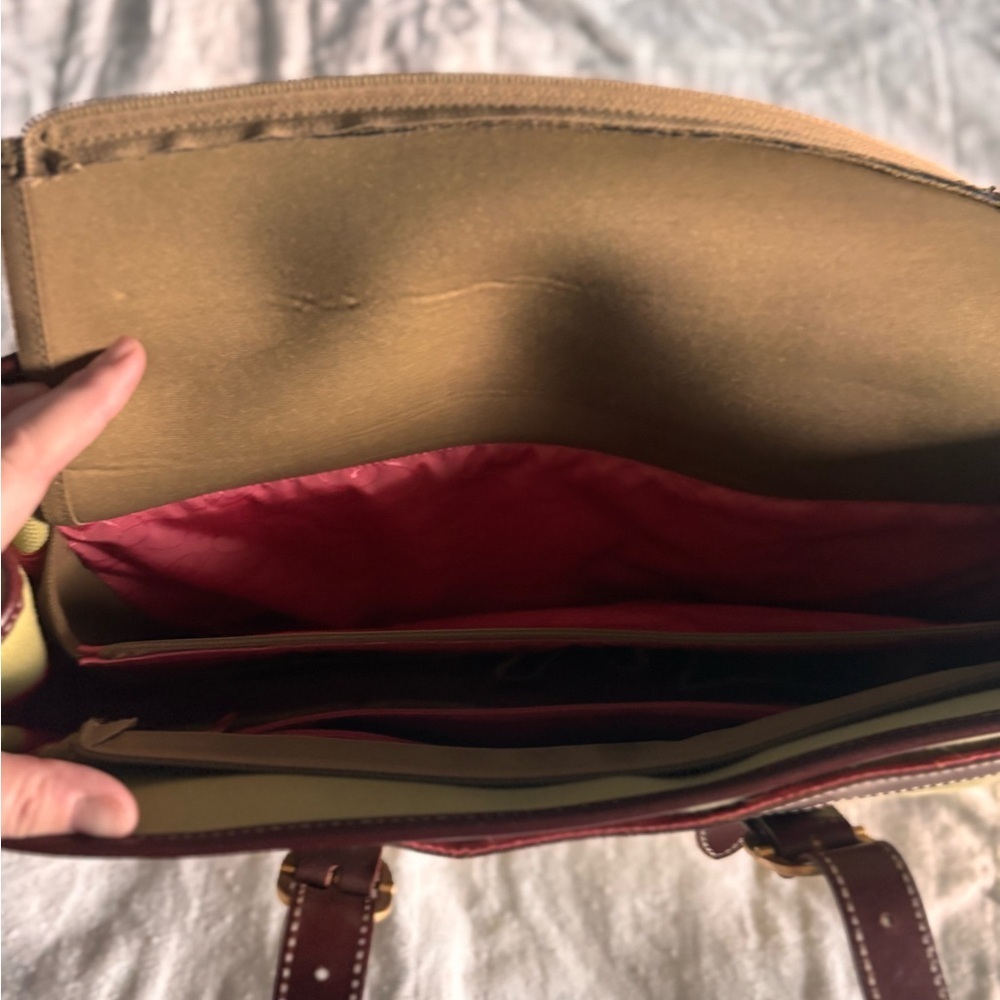 Coakley Tote Bag Green Laptop Bag. Green trimmed in brown faux leather. - Picture 3 of 7